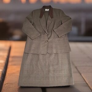 Vintage Alfred Dunner Herringbone Plaid Jacket & Skirt Suit Beige Brown Women 16